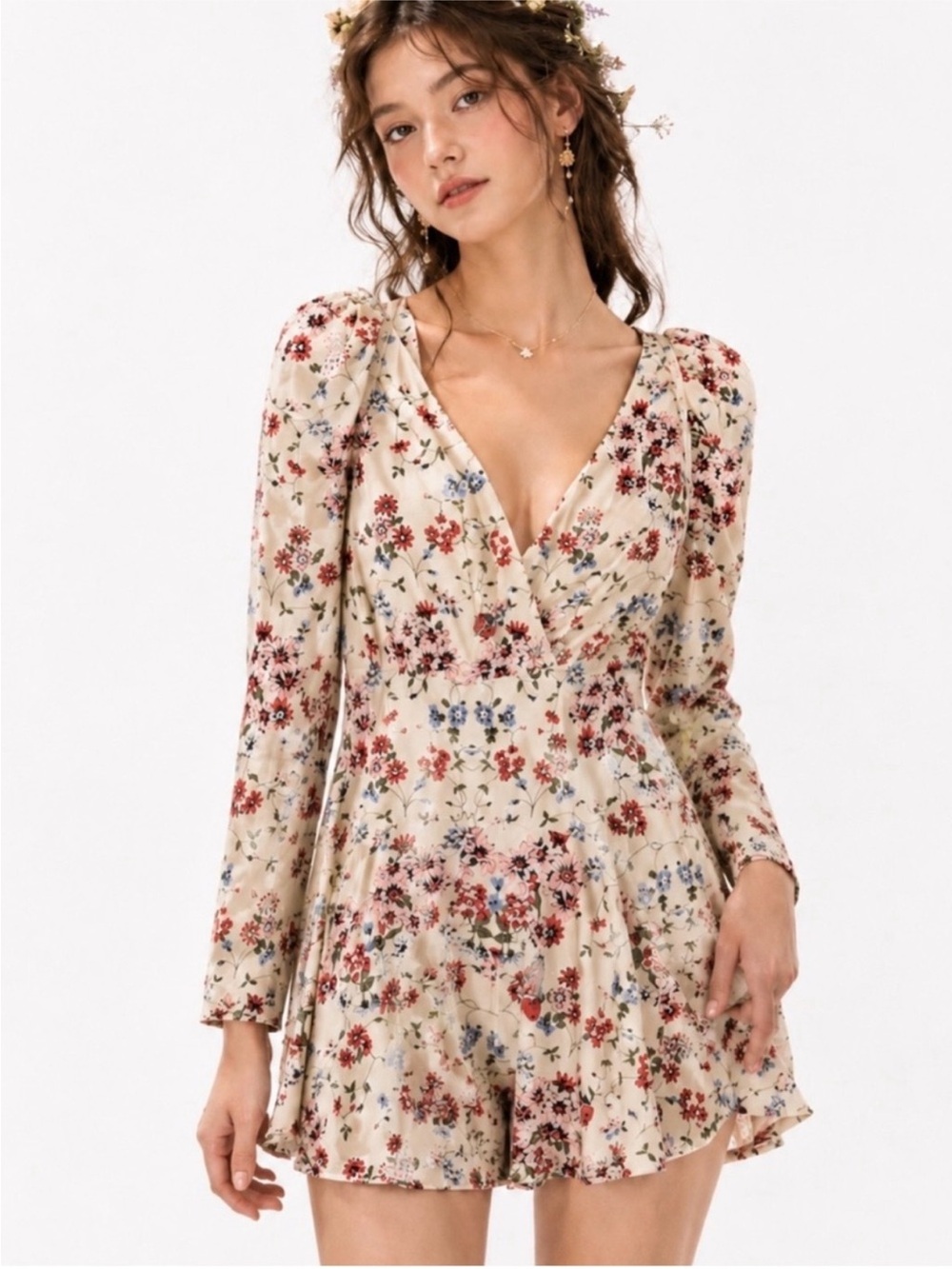 Maje Floral V-Neck Long Sleeve Romper